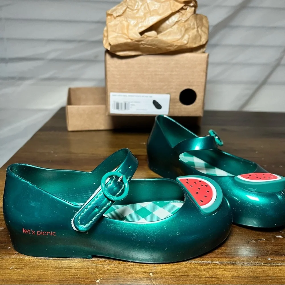 Mini Melissa Toddler Girl Sweet Love Picnic Green Mary Jane Shoes Watermelon NIB
